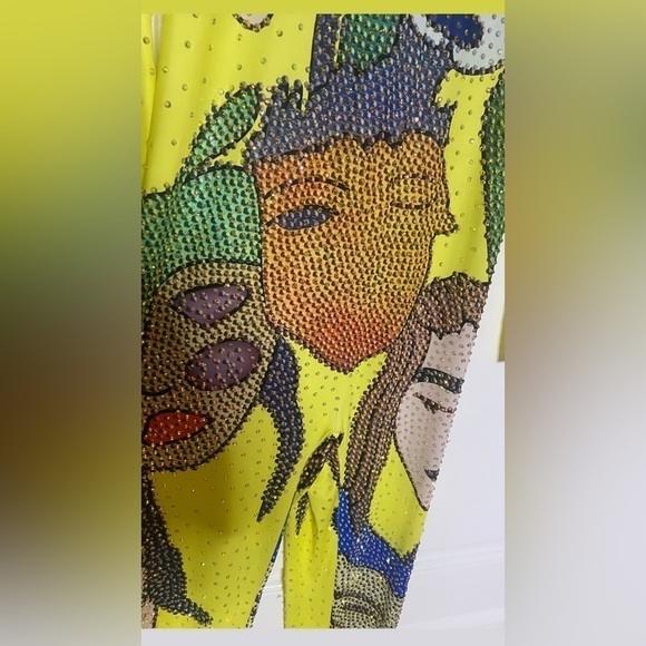 Pop Art Rhinestone Mesh Jumpsuit Yellow Long Sleeve Bodysuit Costume Style Sz L - Picture 3 of 7